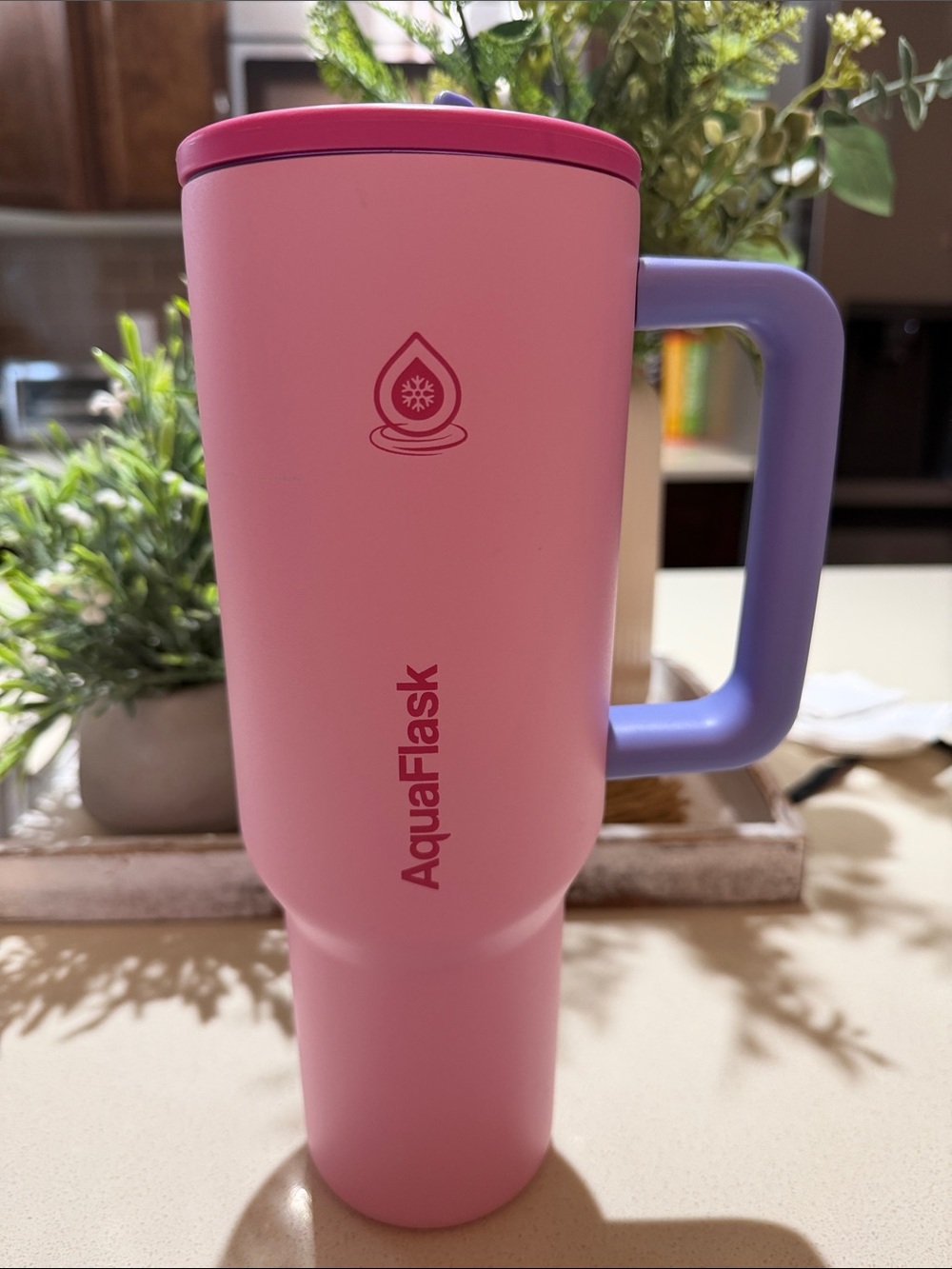 MOVING SALE AquaFlask pink Tumbler with Lavender Handle